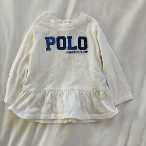 Polo by Ralph Lauren White Long-Sleeve Ruffle-Hem Top with Blue Logo